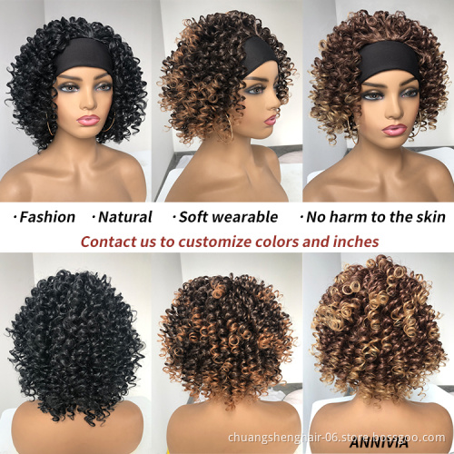 wholesale fiber hair availble accept customizat kinky curly with attached wig short synthetic wigs for black women headband wigs